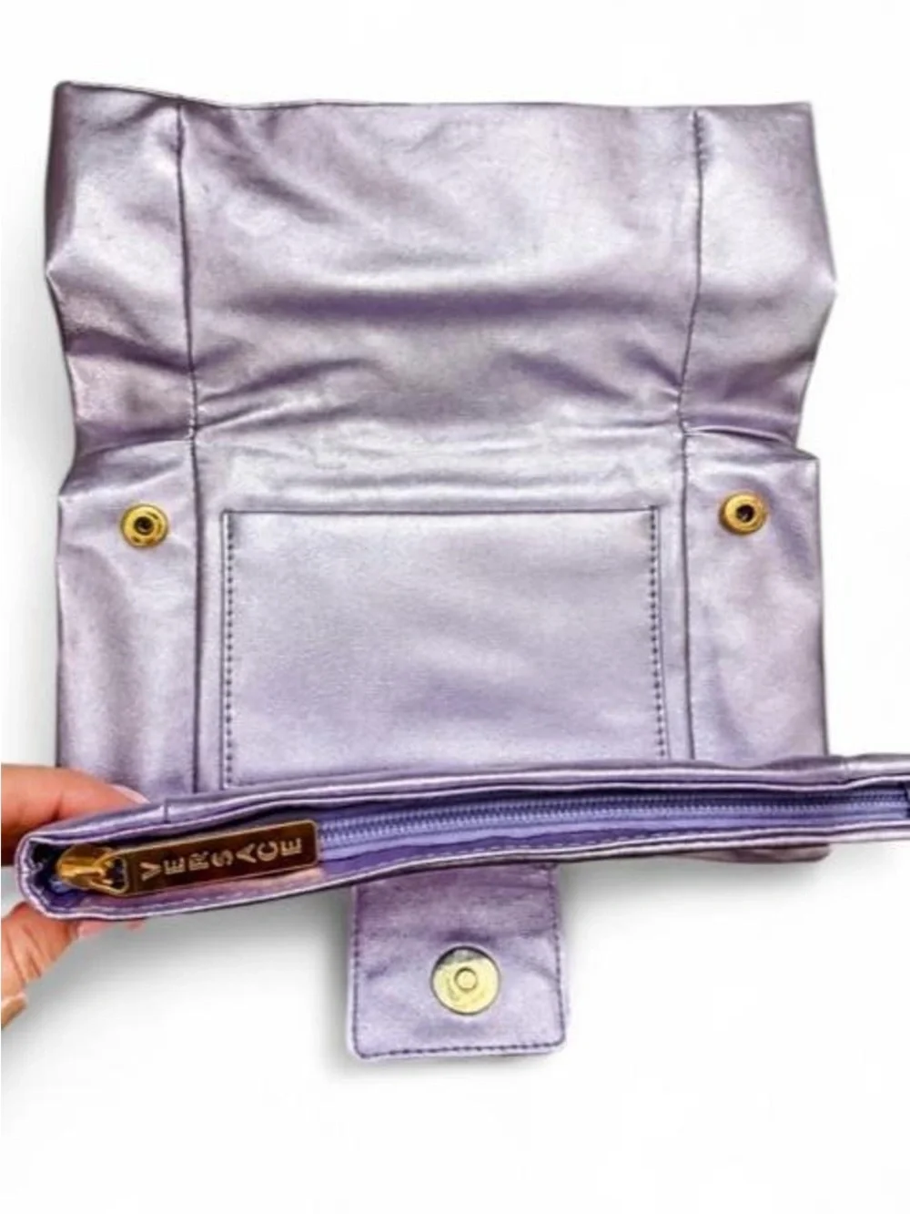 NWOT Versace Perfums clutch metallic purple bow. Never used.